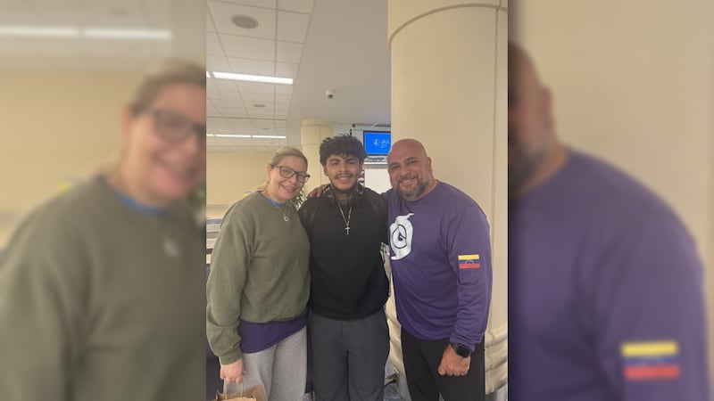 Student Sebastian Jimenez and his mom, alongside football Coach Peera, at the airport.