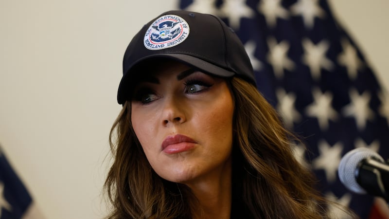 Homeland Security Secretary Kristi Noem holds a news conference regarding the recent protests...